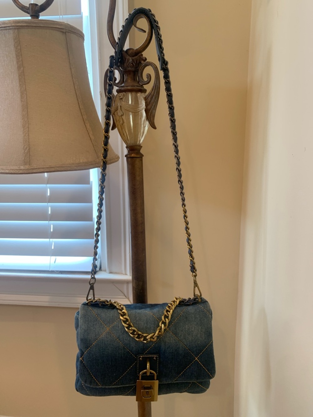 Steve Madden Quilted Denim Shoulder Bag with chain removable strap.